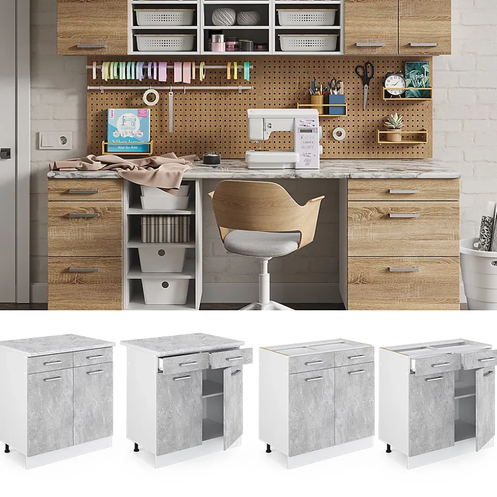 Vicco Meuble bas universel Béton 80cm avec tiroirs et portes, avec PT