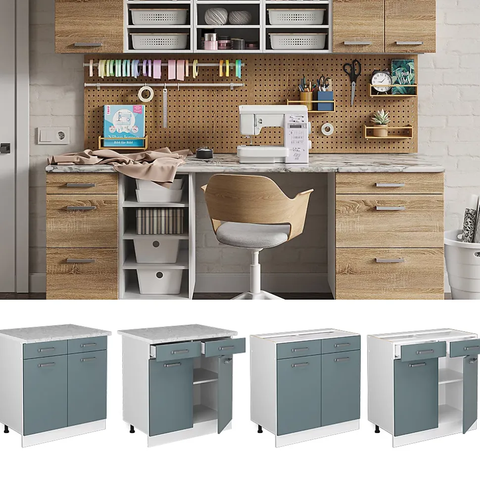 Vicco Meuble bas universel Bleu-gris 80cm avec tiroirs et portes, avec PT