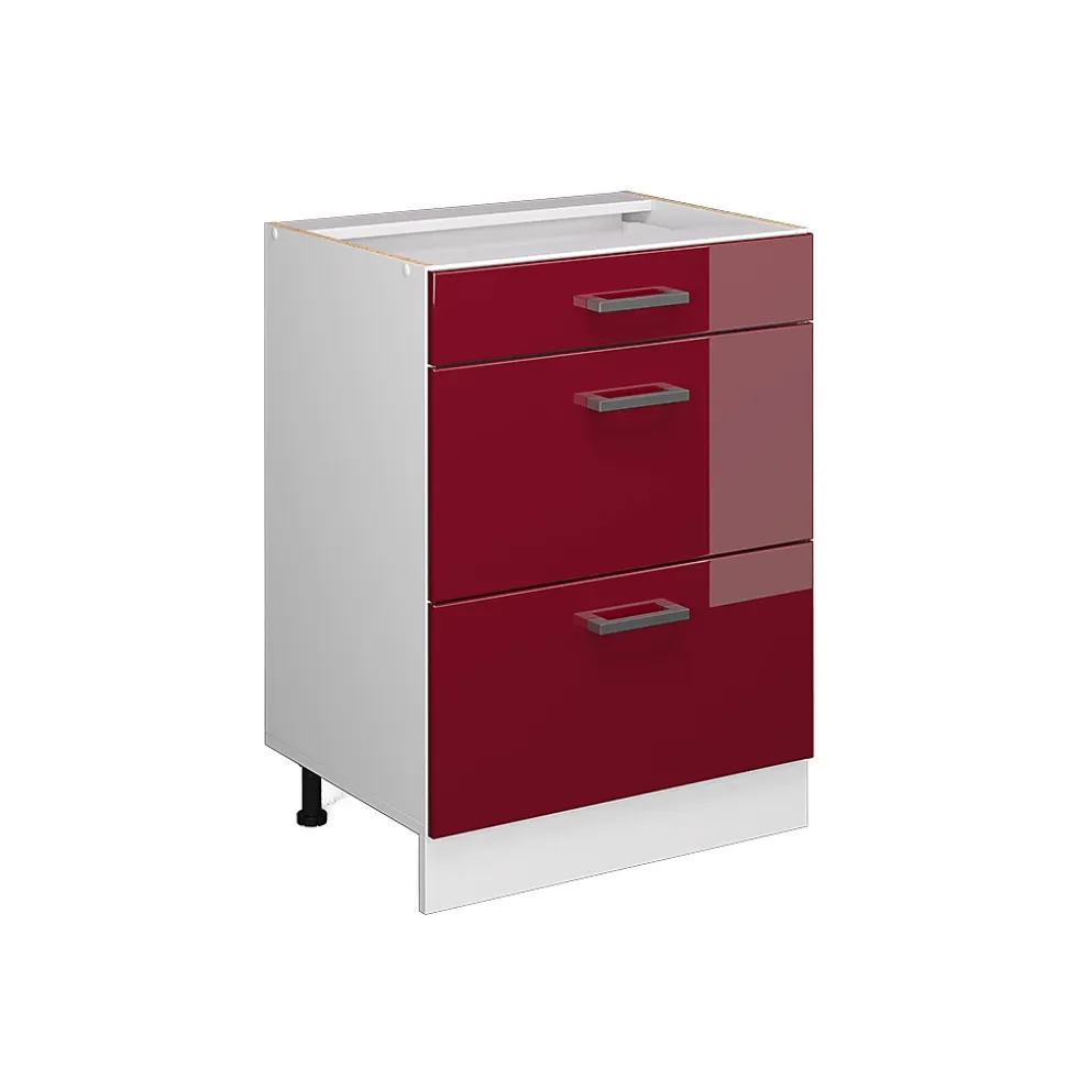 Vicco Meuble bas universel Rouge bordeaux Haute brillance 60cm avec tiroirs, sans PT