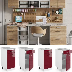 Vicco Meuble bas universel Rouge bordeaux Haute brillance 40cm avec tiroir, avec PT