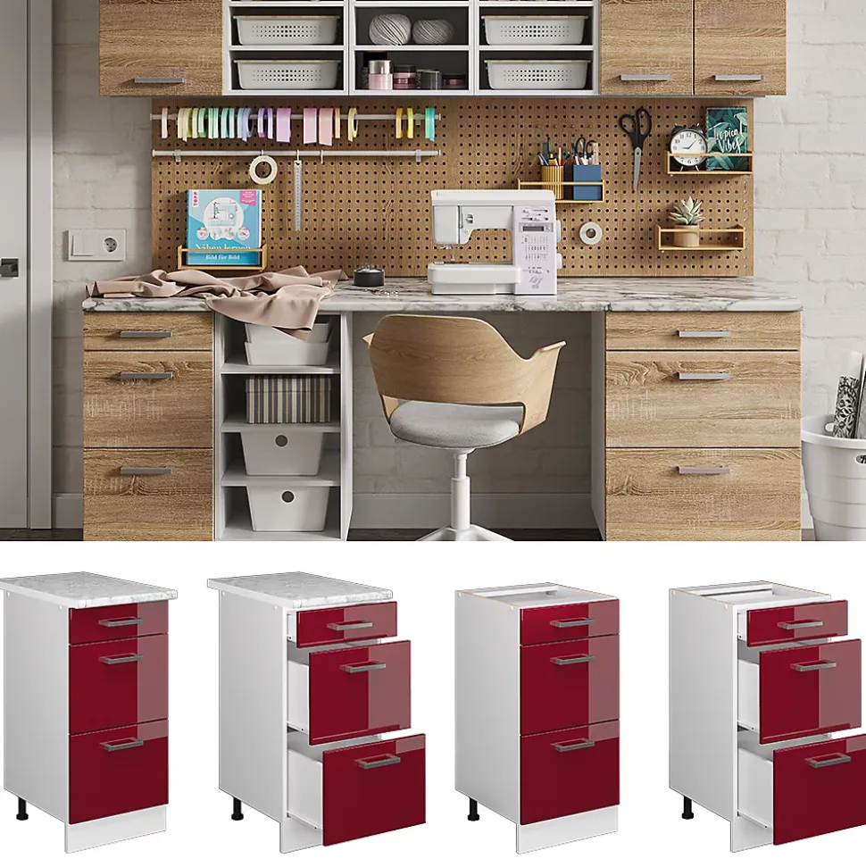 Vicco Meuble bas universel Rouge bordeaux Haute brillance 40cm avec tiroirs
