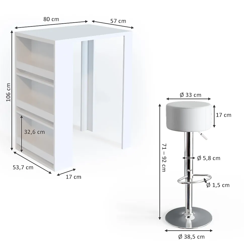Vicco Set de table de bar Blanc 57x80cm avec 2 tabourets de bar