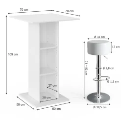 Vicco Set de table de bar Blanc 70x70cm avec 2 tabourets de bar