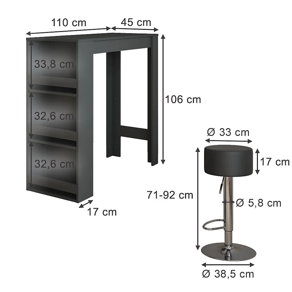 Vicco Set de table de bar Anthracite 45x110cm avec 2 tabourets de bar