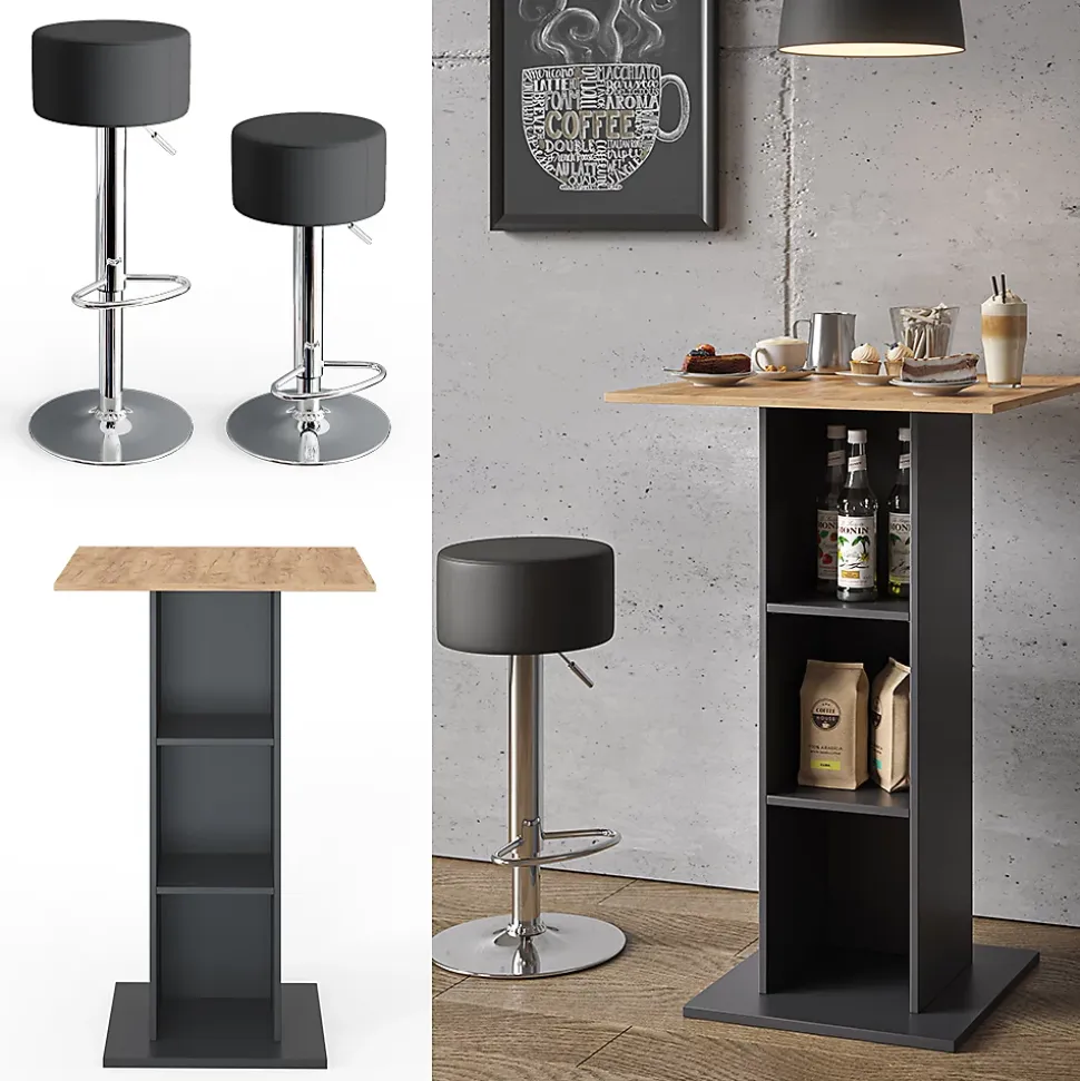 Vicco Set de table de bar Anthracite 70x70cm avec 2 tabourets de bar