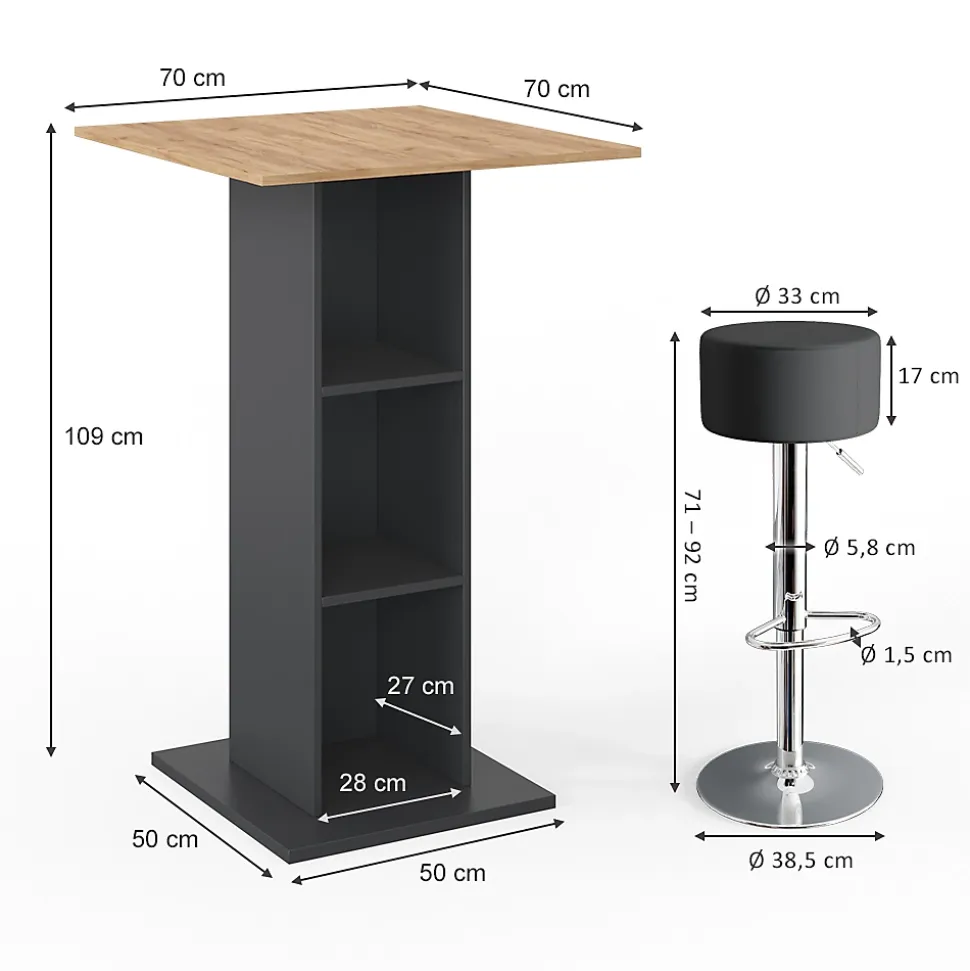 Vicco Set de table de bar Anthracite 70x70cm avec 2 tabourets de bar