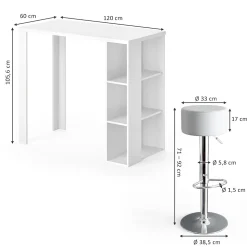 Vicco Set de table de bar Blanc 120x60cm avec 2 tabourets de bar