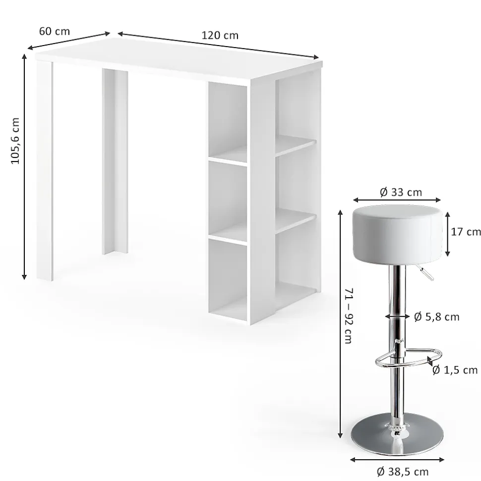 Vicco Set de table de bar Blanc 120x60cm avec 2 tabourets de bar