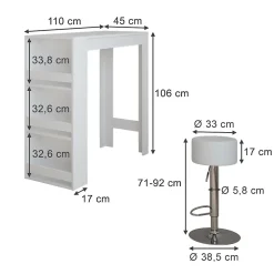 Vicco Set de table de bar Blanc 45x110cm avec 2 tabourets de bar