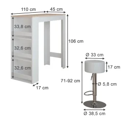 Vicco Set de table de bar Blanc/Sonoma 45x110cm avec 2 tabourets de bar