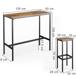 Vicco Set de table de bar Bois antique 120x50cm avec 2 tabourets de bar