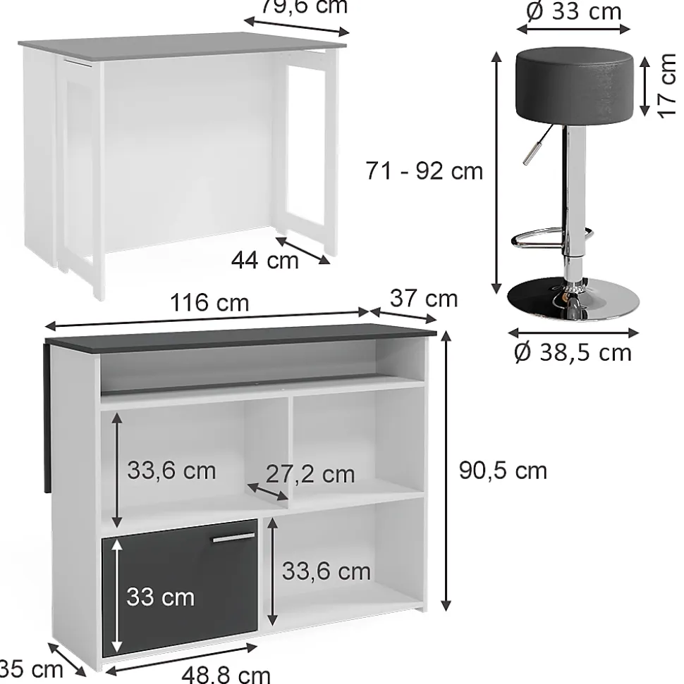 Vicco Set de table de bar Anthracite/blanc 116x37cm avec 2 tabourets de bar