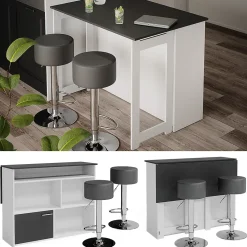 Vicco Set de table de bar Anthracite/blanc 116x37cm avec 2 tabourets de bar