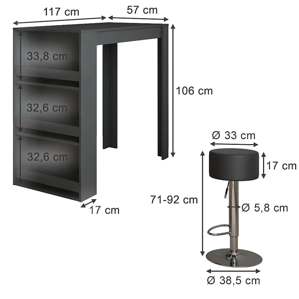 Vicco Set de table de bar Anthracite 57x117cm avec 2 tabourets de bar