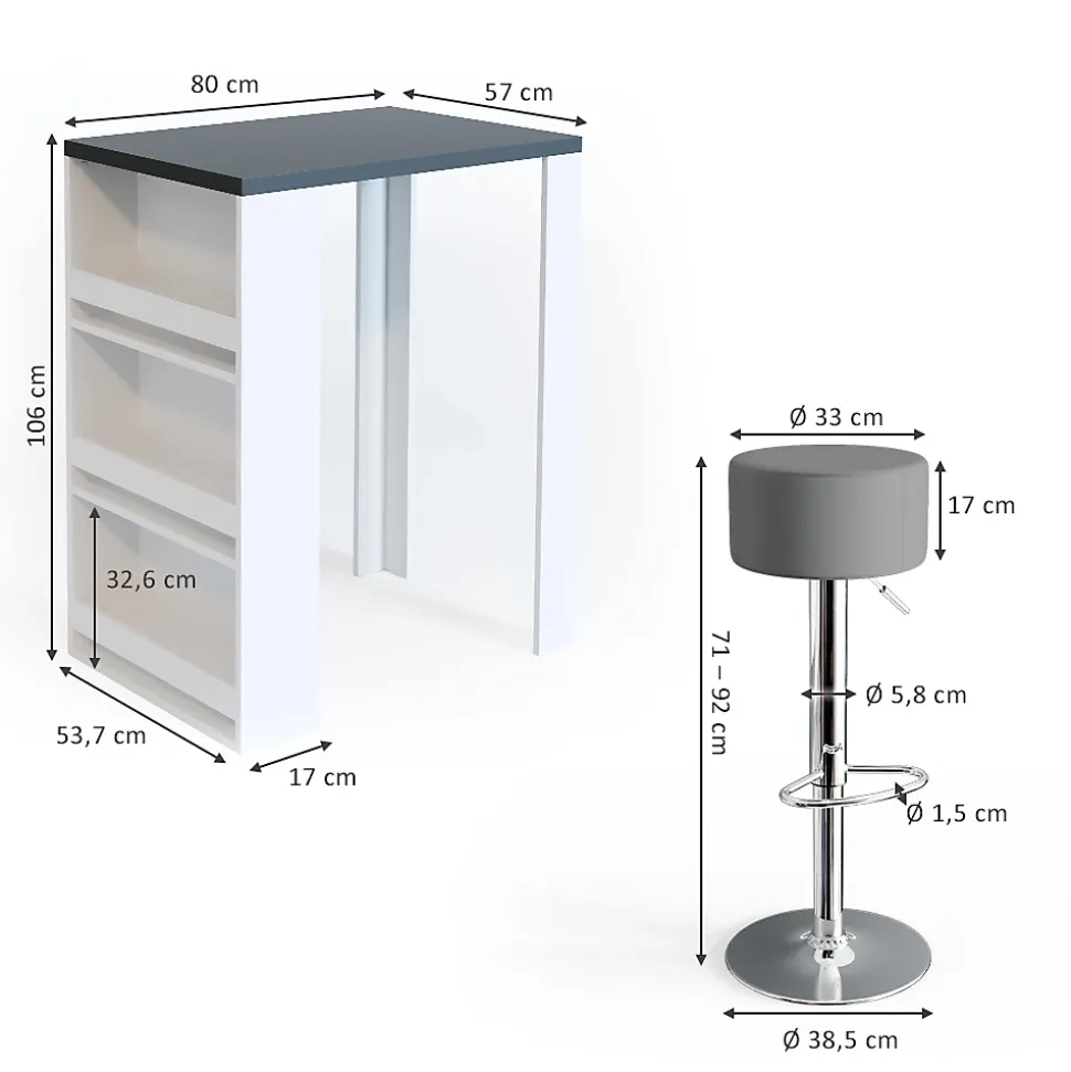 Vicco Set de table de bar Anthracite/blanc 57x80cm avec 2 tabourets de bar