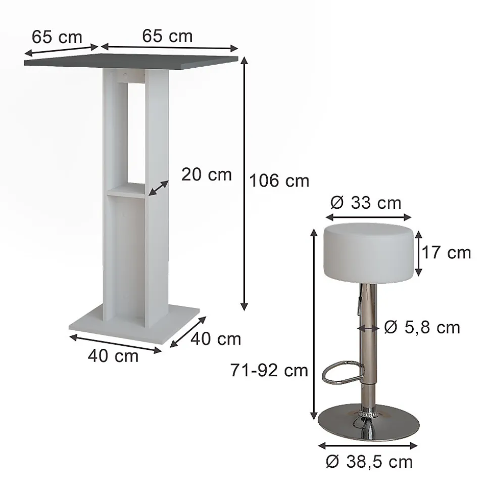 Vicco Set de table de bar blanc/anthracite 65x65cm avec 2 tabourets de bar