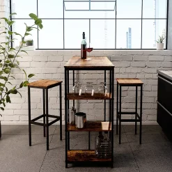 Vicco Set de table de bar Bois antique 120x50cm avec étagères et 2 tabourets de bar