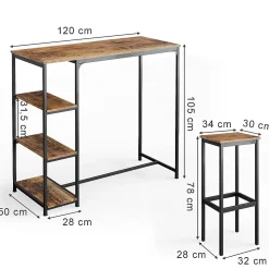 Vicco Set de table de bar Bois antique 120x50cm avec étagères et 2 tabourets de bar