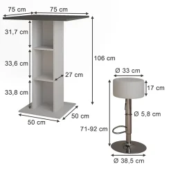 Vicco Set de table de bar blanc/anthracite 75x75cm avec 2 tabourets de bar