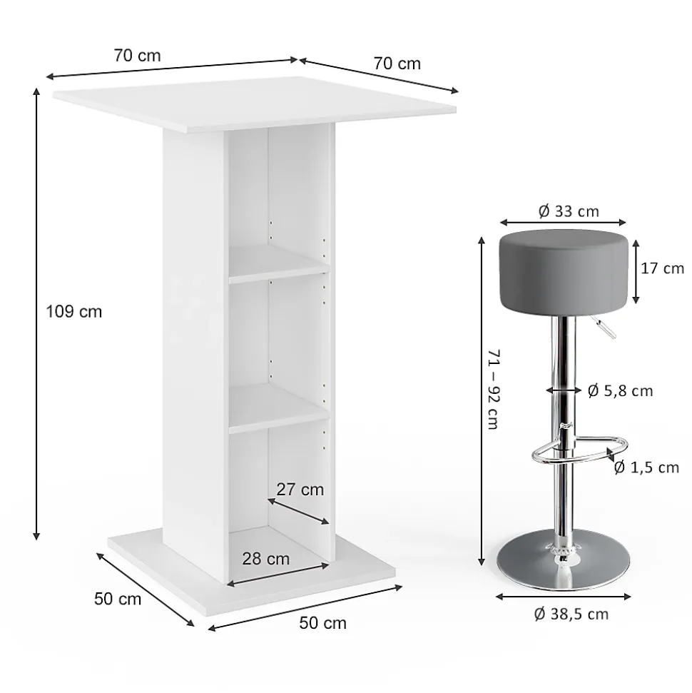Vicco Set de table de bar Béton 70x70cm avec 2 tabourets de bar