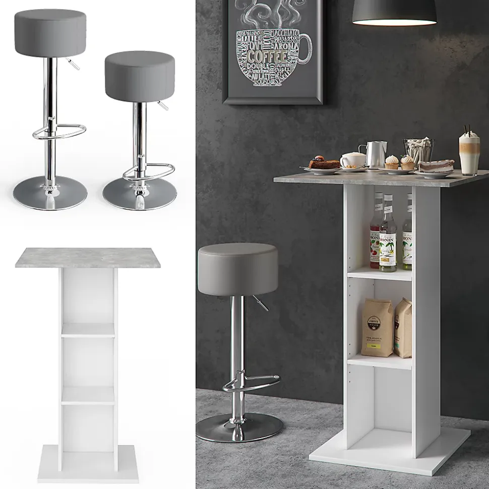 Vicco Set de table de bar Béton 70x70cm avec 2 tabourets de bar