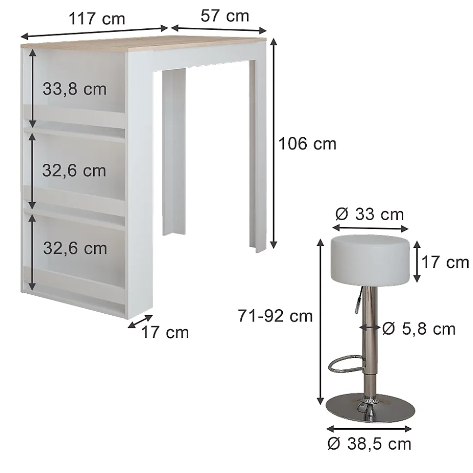 Vicco Set de table de bar Blanc/Sonoma 57x117cm avec 2 tabourets de bar