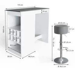 Vicco Set de table de bar blanc/anthracite 115x50cm avec 2 tabourets de bar