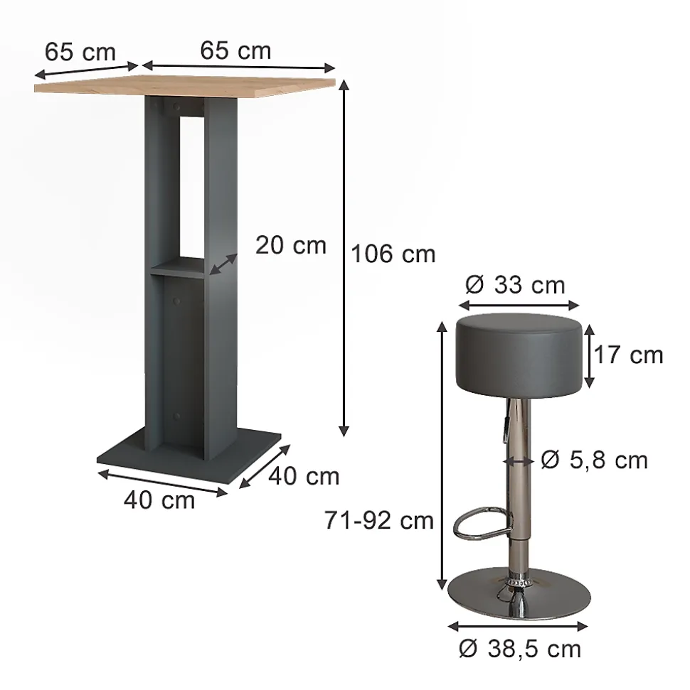 Vicco Set de table de bar Chêne doré/anthracite 65x65cm avec 2 tabourets de bar