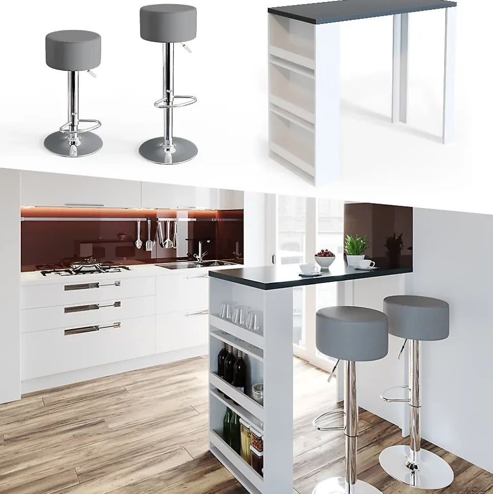 Vicco Set de table de bar blanc/gris 57x117cm avec 2 tabourets de bar