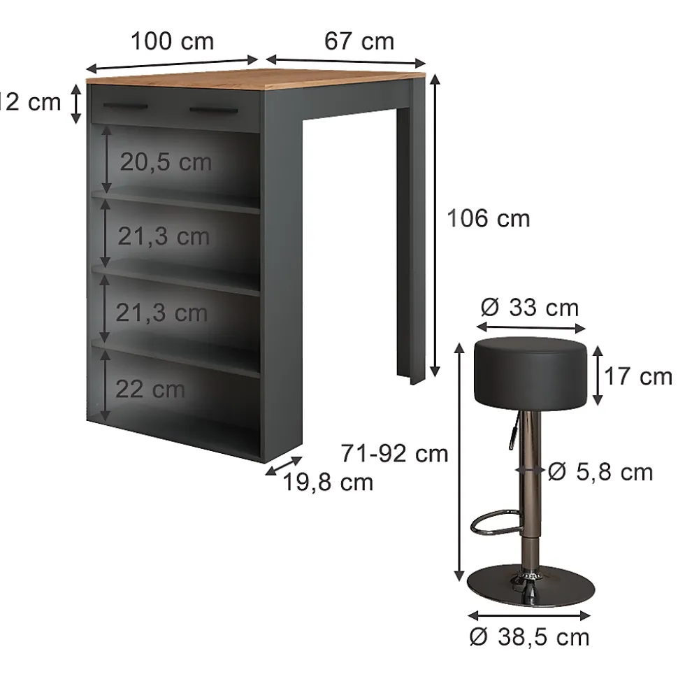Vicco Set de table de bar Anthracite 67x100cm avec 2 tabourets de bar