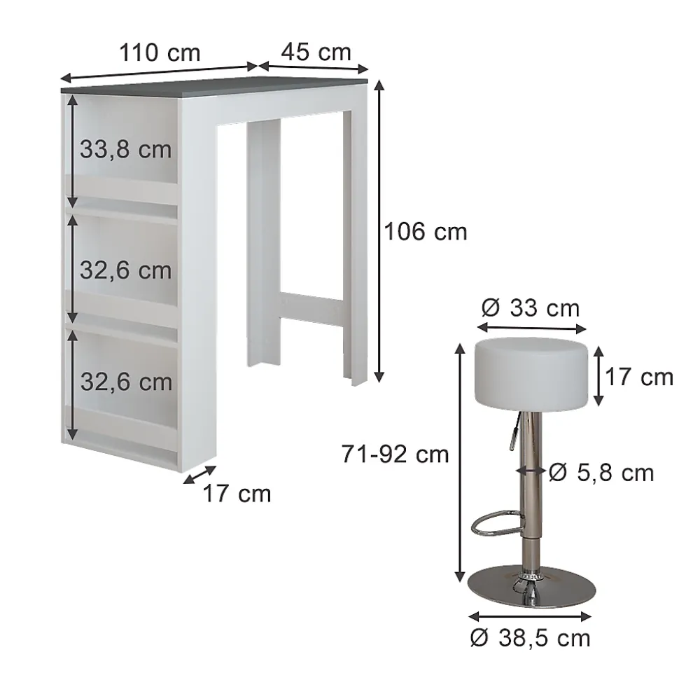 Vicco Set de table de bar blanc/anthracite 45x110cm avec 2 tabourets de bar