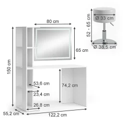 Vicco Vanity table Blanc 122.2cm avec éclairage et tabouret