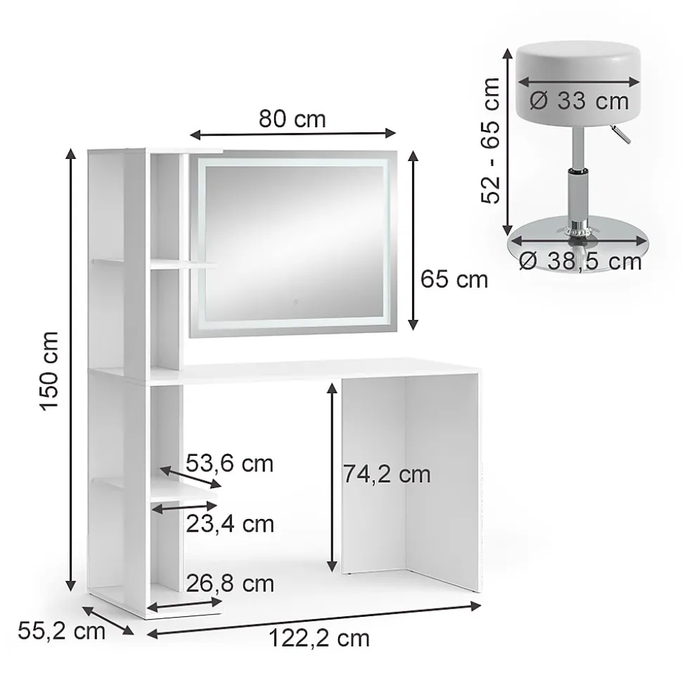 Vicco Vanity table Blanc 122.2cm avec éclairage et tabouret