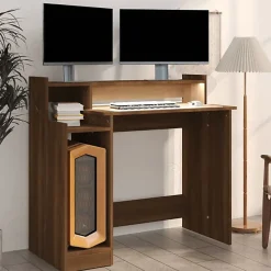 vidaXL Bureau à Lumières LED Table d'Ordinateur Table de Travail Meuble Informatique Meuble d'Etude Chêne Marron 97x45x90 cm 82047
