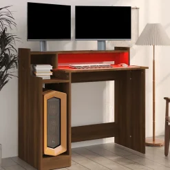 vidaXL Bureau à Lumières LED Table d'Ordinateur Table de Travail Meuble Informatique Meuble d'Etude Chêne Marron 97x45x90 cm 82047