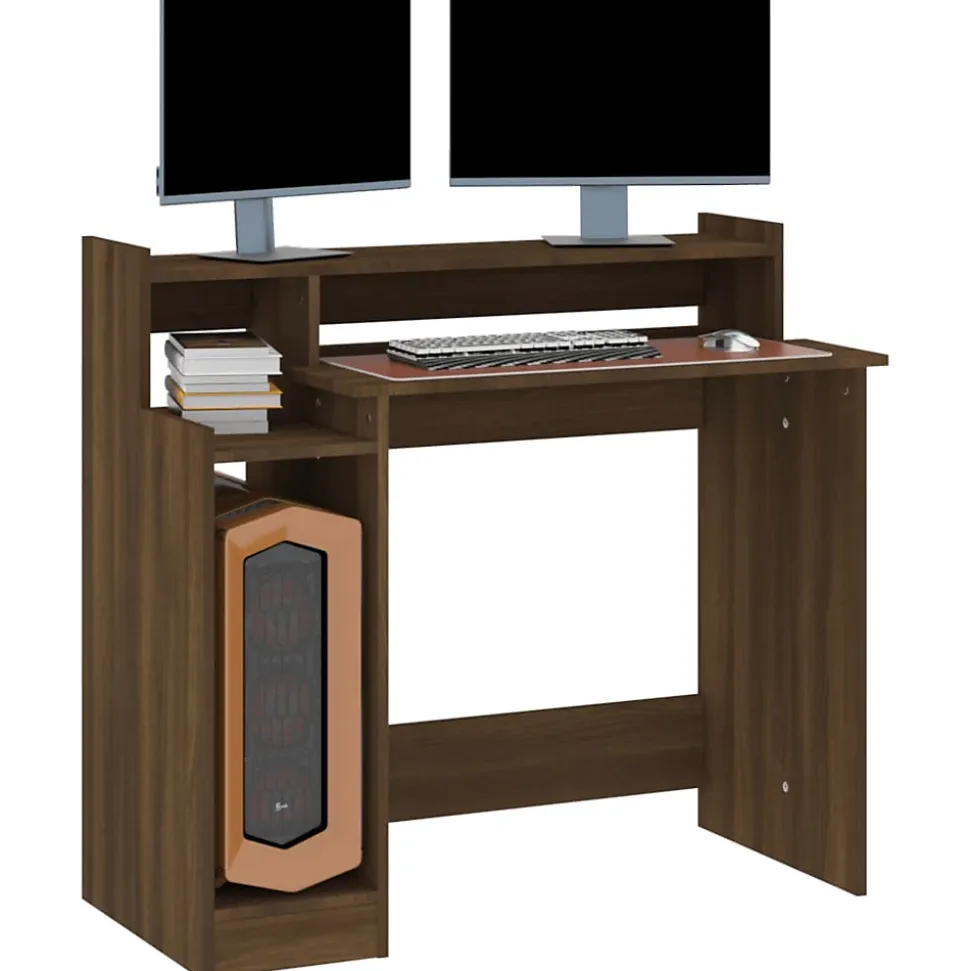 vidaXL Bureau à Lumières LED Table d'Ordinateur Table de Travail Meuble Informatique Meuble d'Etude Chêne Marron 97x45x90 cm 82047