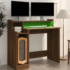 vidaXL Bureau à Lumières LED Table d'Ordinateur Table de Travail Meuble Informatique Meuble d'Etude Chêne Marron 97x45x90 cm 82047