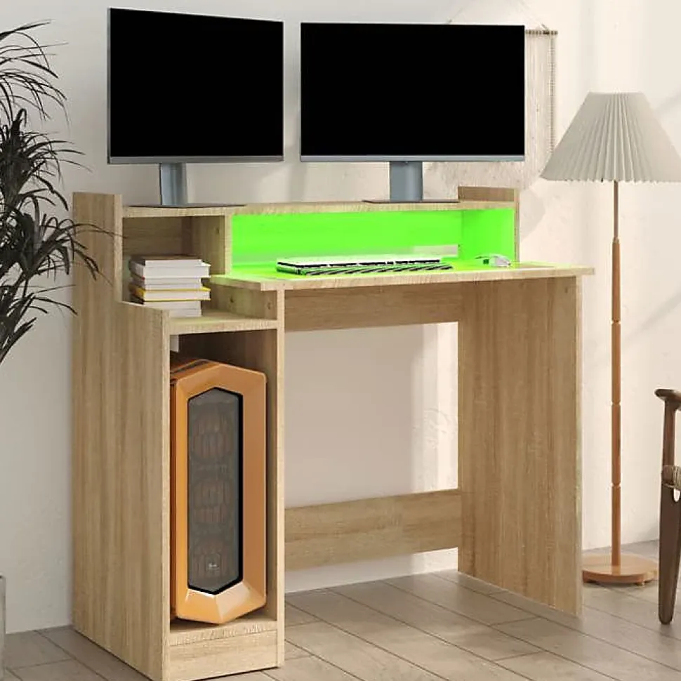 vidaXL Bureau avec Lumières LED Table d'Ordinateur Bureau d'Ecriture Table d'Etude Informatique Chêne Sonoma 97x45x90 cm 805555
