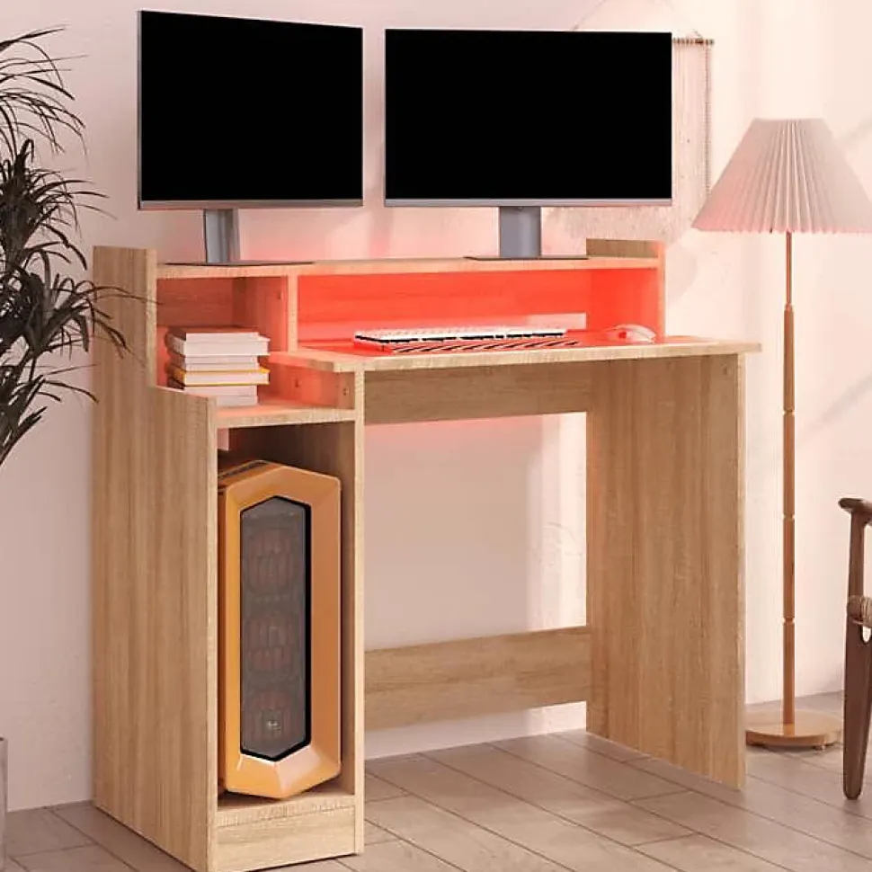 vidaXL Bureau avec Lumières LED Table d'Ordinateur Bureau d'Ecriture Table d'Etude Informatique Chêne Sonoma 97x45x90 cm 805555