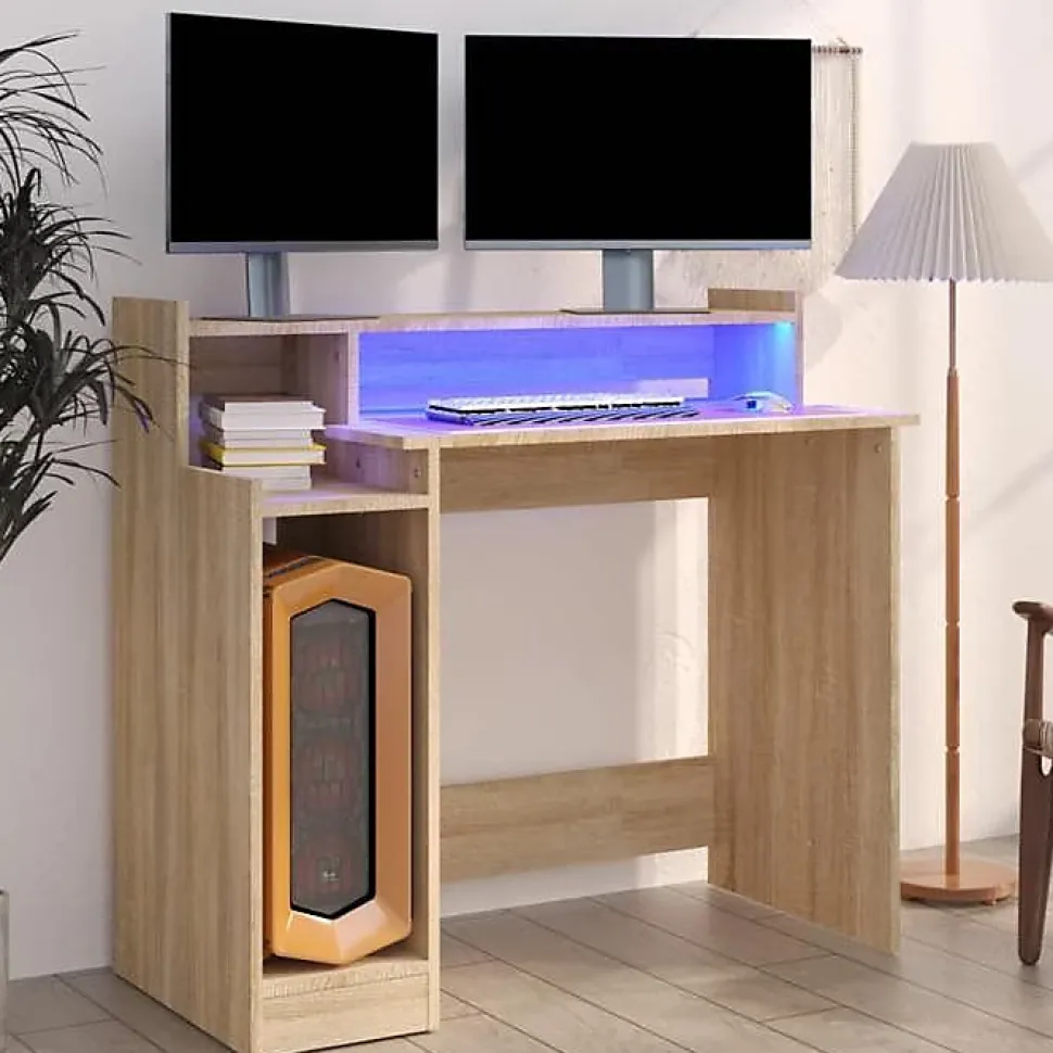 vidaXL Bureau avec Lumières LED Table d'Ordinateur Bureau d'Ecriture Table d'Etude Informatique Chêne Sonoma 97x45x90 cm 805555