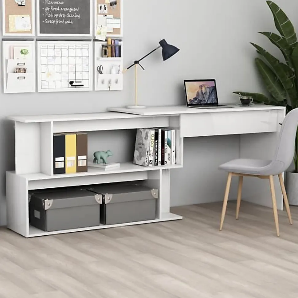 vidaXL Bureau d'angle Blanc brillant 200x50x76 cm Aggloméré
