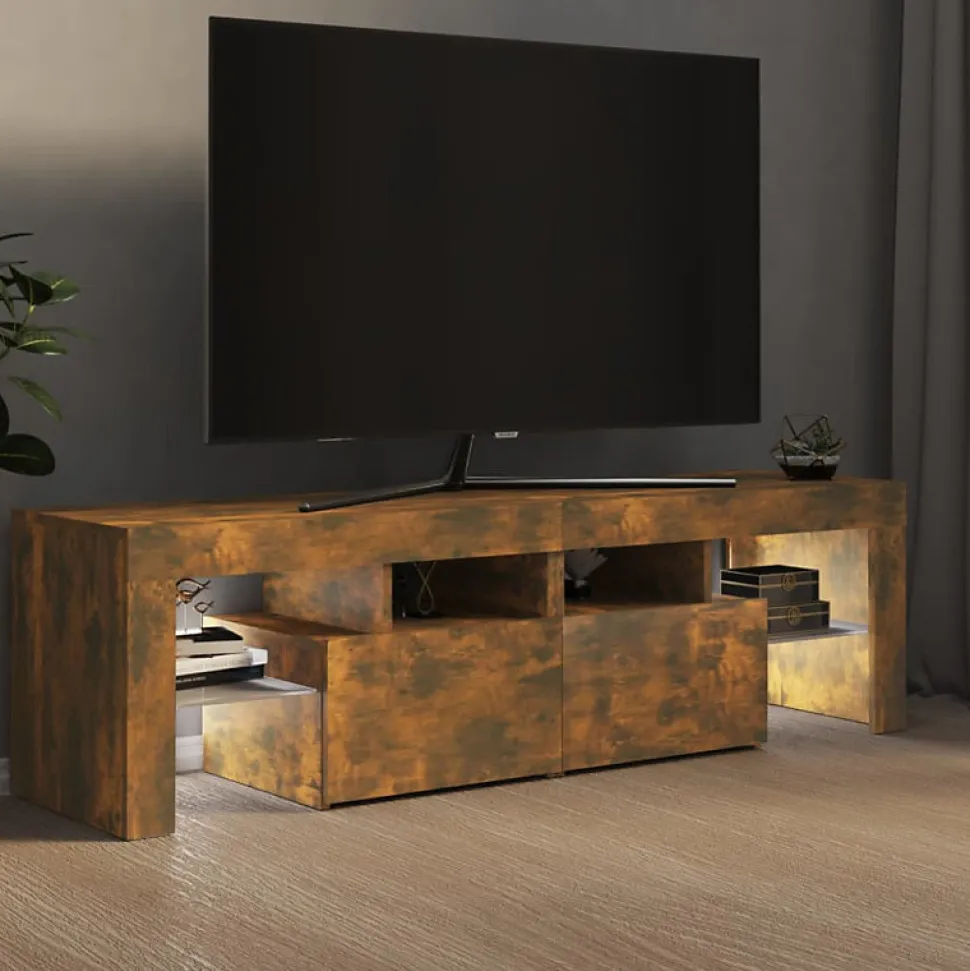 vidaXL Meuble TV avec lumières LED Chêne fumé 140x36,5x40 cm, support tv, armoire média, armoire hifi, unité tv, unité 822641
