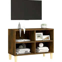 vidaXL Meuble TV avec pieds en bois massif Chêne fumé 69,5x30x50 cm