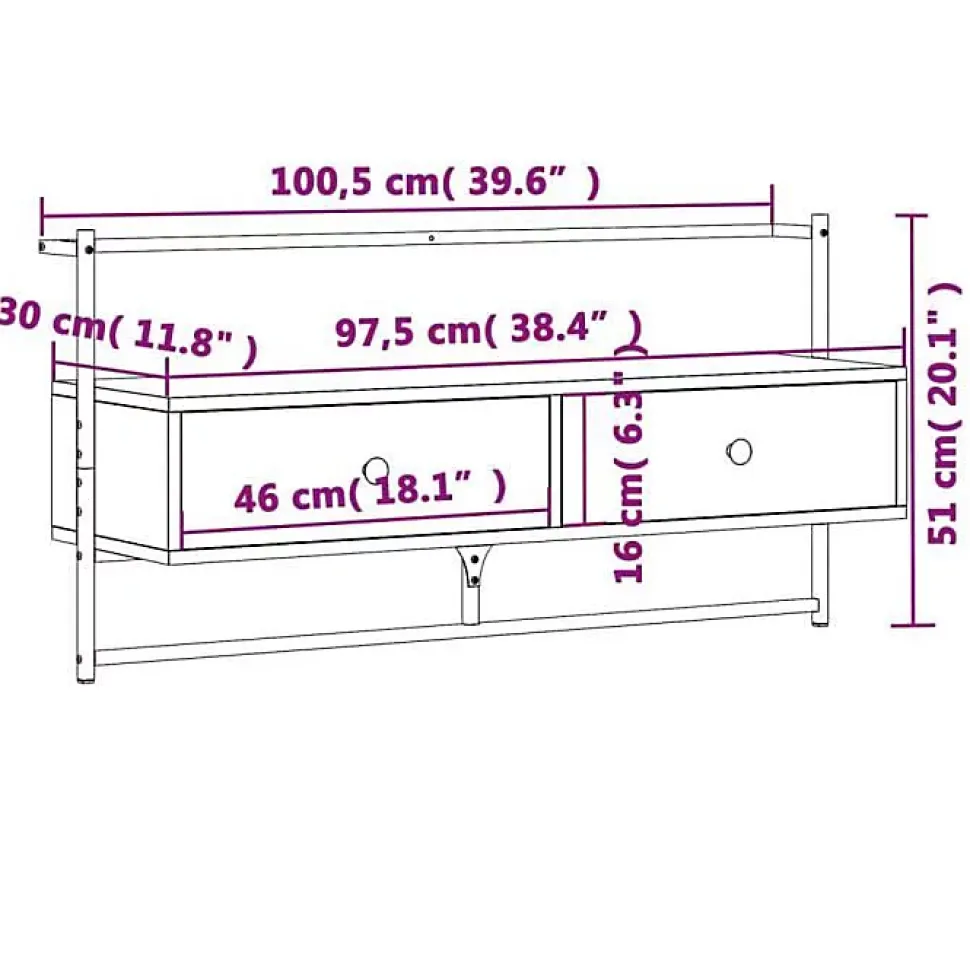 vidaXL Meuble TV mural chêne fumé 100,5x30x51 cm bois d'ingénierie 833460