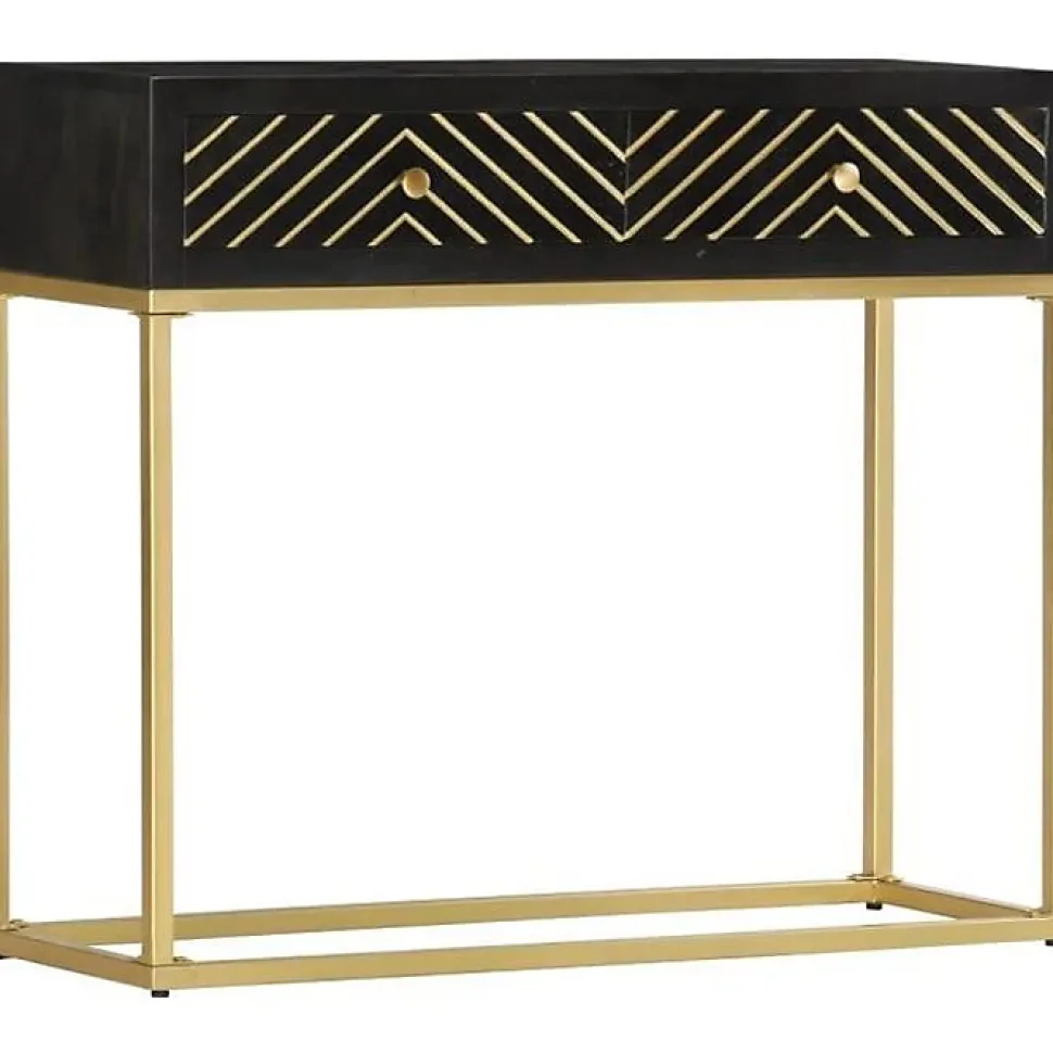 vidaXL Table console Noir et doré 90x30x75 cm Bois de manguier massif