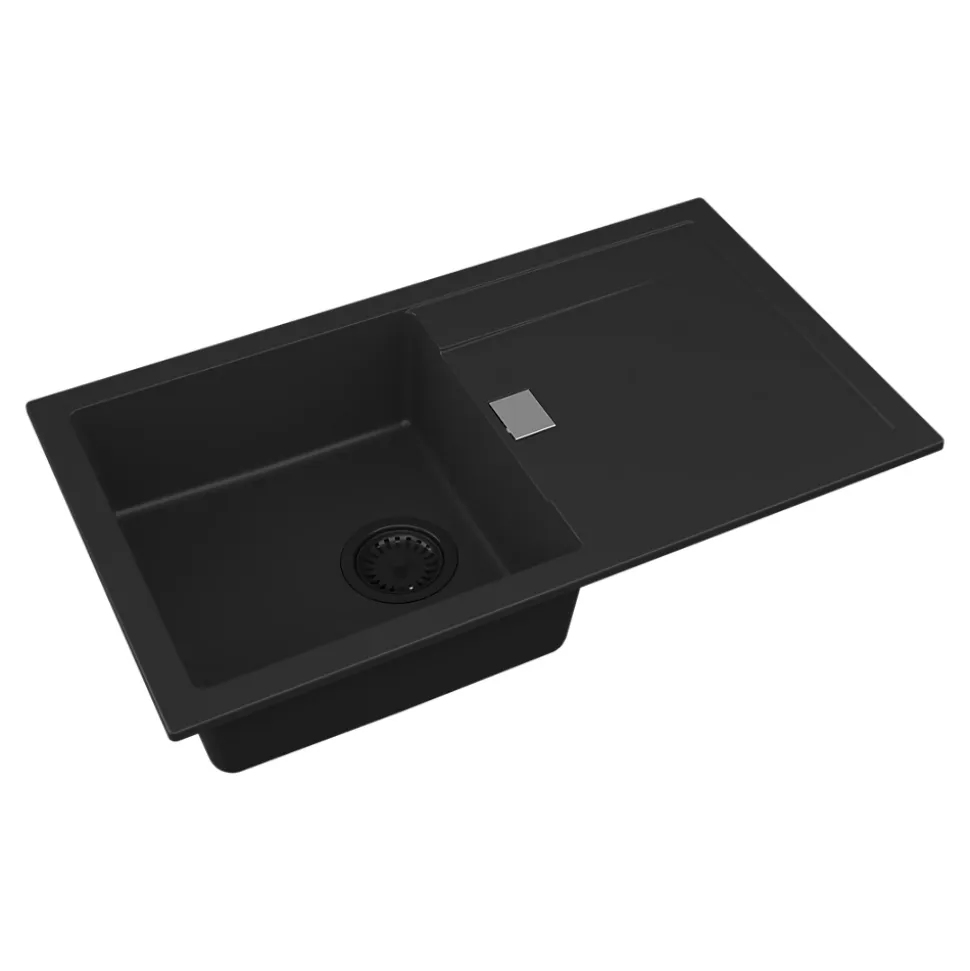 Évier de cuisine en composite de quartz noir 1 bac à encastrer GoodHome Hawking + égouttoir