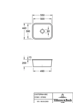 Évier sous-plan en céramique 1 cuve à encastrer Villeroy & Boch Cisterna blanc mat