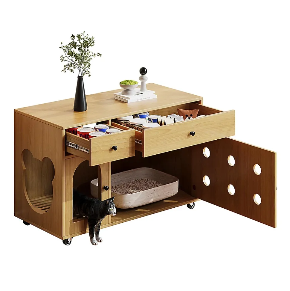 Villa chat + armoire litière - érable jaune, meuble multi-chats, verre