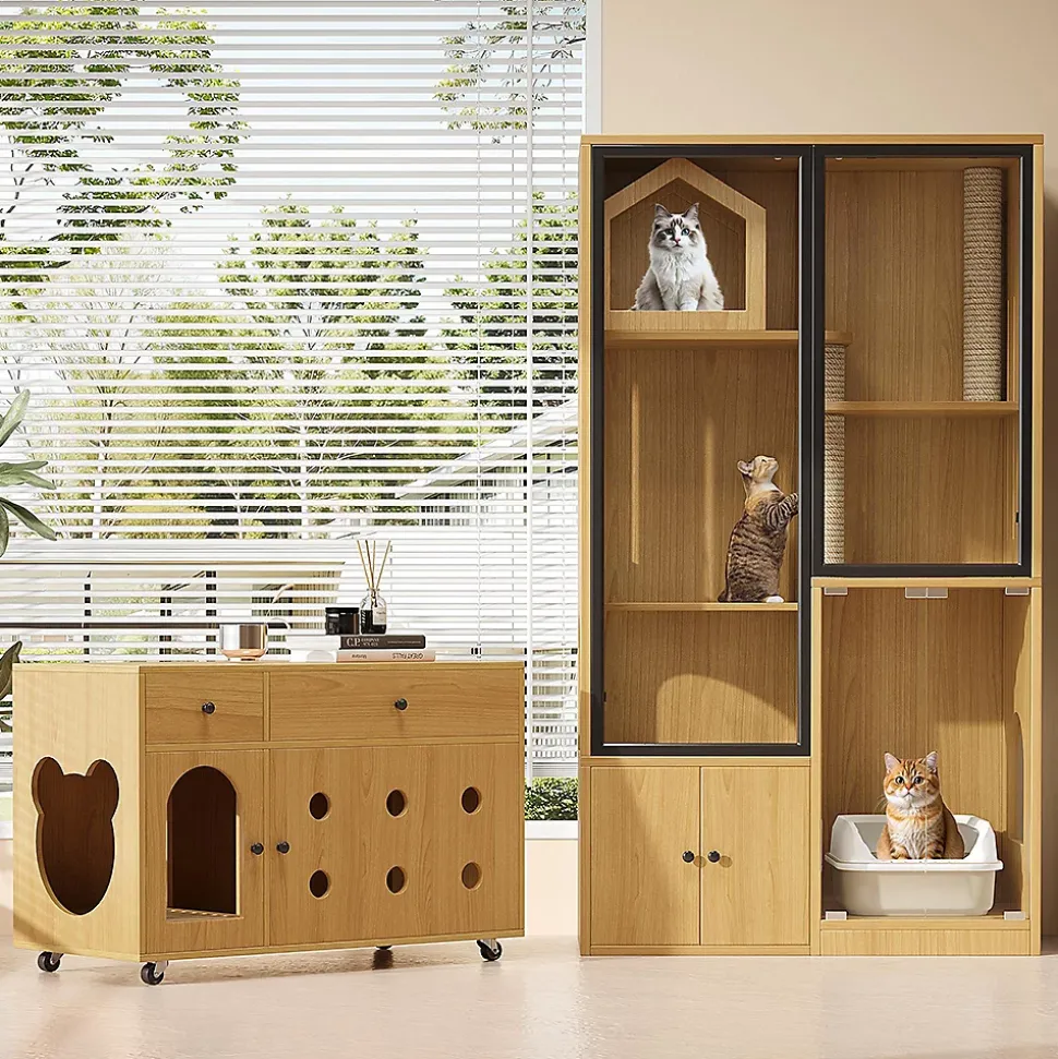Villa chat + armoire litière - érable jaune, meuble multi-chats, verre