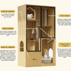 Villa chat + armoire litière - érable jaune, meuble multi-chats, verre